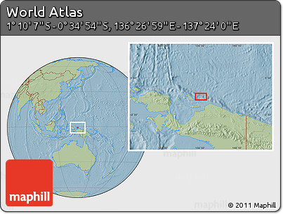 Savanna Style Location Map of the Area around 0° 52' 31" S, 136° 55' 30" E, hill shading