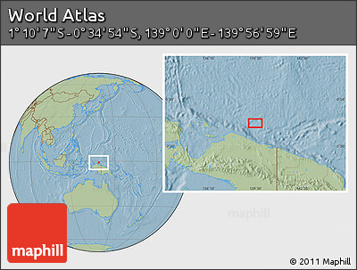 Savanna Style Location Map of the Area around 0° 52' 31" S, 139° 28' 29" E, hill shading