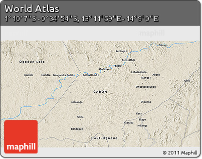 Shaded Relief 3D Map of the Area around 0° 52' 31" S, 13° 40' 30" E