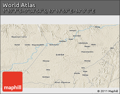 Shaded Relief 3D Map of the Area around 0° 52' 31" S, 13° 40' 30" E