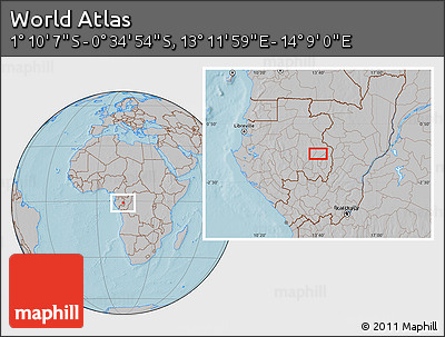 Gray Location Map of the Area around 0° 52' 31" S, 13° 40' 30" E, hill shading