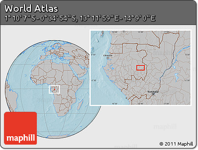 Gray Location Map of the Area around 0° 52' 31" S, 13° 40' 30" E, hill shading