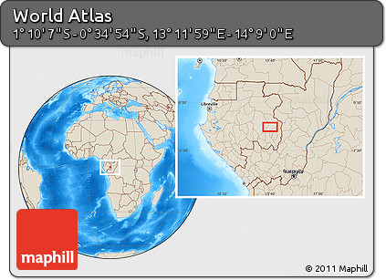 Shaded Relief Location Map of the Area around 0° 52' 31" S, 13° 40' 30" E