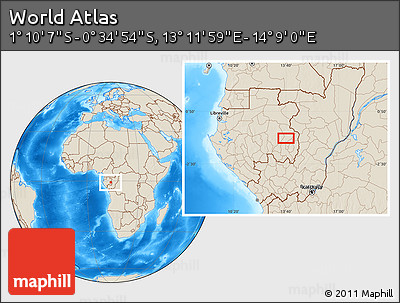 Shaded Relief Location Map of the Area around 0° 52' 31" S, 13° 40' 30" E