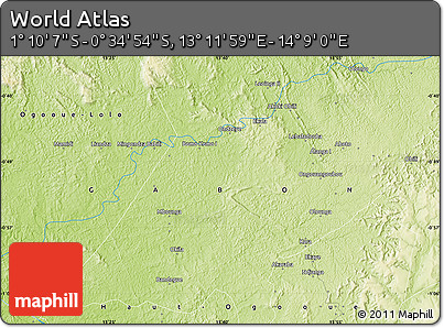 Physical Map of the Area around 0° 52' 31" S, 13° 40' 30" E