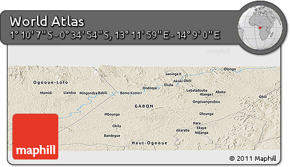 Shaded Relief Panoramic Map of the Area around 0° 52' 31" S, 13° 40' 30" E