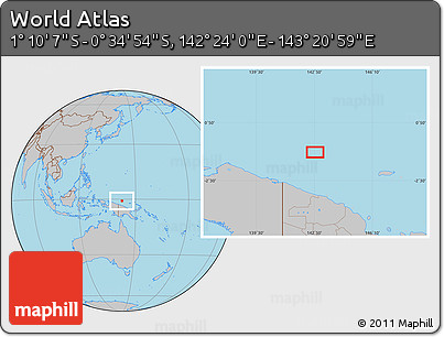 Gray Location Map of the Area around 0° 52' 31" S, 142° 52' 30" E