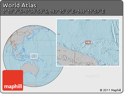 Gray Location Map of the Area around 0° 52' 31" S, 143° 43' 29" E, hill shading