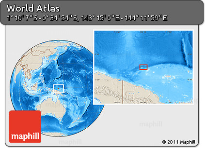 Shaded Relief Location Map of the Area around 0° 52' 31" S, 143° 43' 29" E