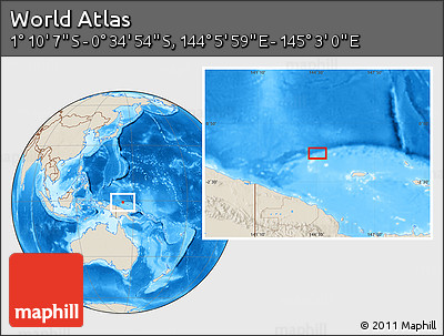 Shaded Relief Location Map of the Area around 0° 52' 31" S, 144° 34' 29" E