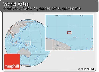 Gray Location Map of the Area around 0° 52' 31" S, 145° 25' 30" E