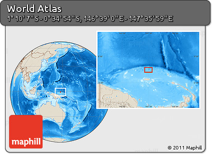 Shaded Relief Location Map of the Area around 0° 52' 31" S, 147° 7' 30" E
