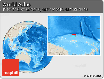 Shaded Relief Location Map of the Area around 0° 52' 31" S, 147° 7' 30" E
