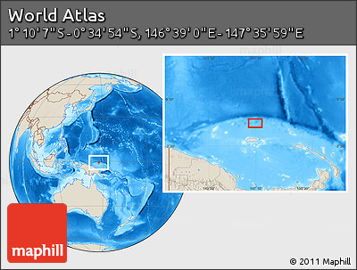 Shaded Relief Location Map of the Area around 0° 52' 31" S, 147° 7' 30" E