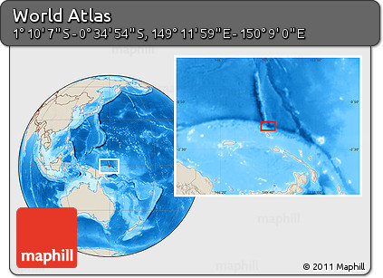Shaded Relief Location Map of the Area around 0° 52' 31" S, 149° 40' 30" E