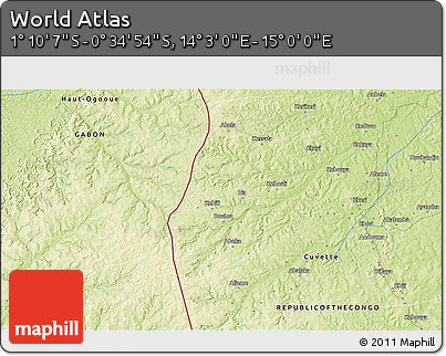 Physical 3D Map of the Area around 0° 52' 31" S, 14° 31' 30" E