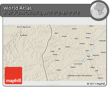 Shaded Relief 3D Map of the Area around 0° 52' 31" S, 14° 31' 30" E