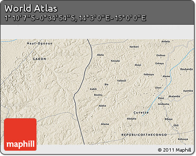 Shaded Relief 3D Map of the Area around 0° 52' 31" S, 14° 31' 30" E