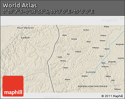 Shaded Relief 3D Map of the Area around 0° 52' 31" S, 14° 31' 30" E