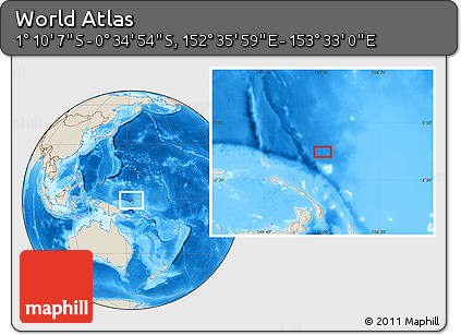 Shaded Relief Location Map of the Area around 0° 52' 31" S, 153° 4' 29" E