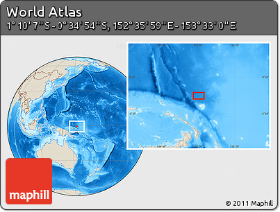 Shaded Relief Location Map of the Area around 0° 52' 31" S, 153° 4' 29" E