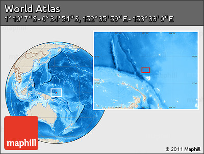 Shaded Relief Location Map of the Area around 0° 52' 31" S, 153° 4' 29" E