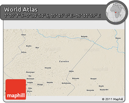 Shaded Relief 3D Map of the Area around 0° 52' 31" S, 16° 13' 30" E