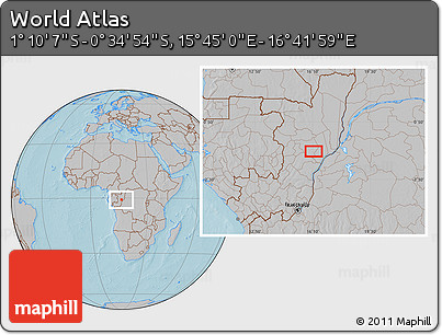 Gray Location Map of the Area around 0° 52' 31" S, 16° 13' 30" E, hill shading