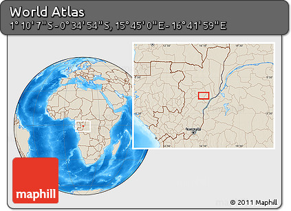 Shaded Relief Location Map of the Area around 0° 52' 31" S, 16° 13' 30" E