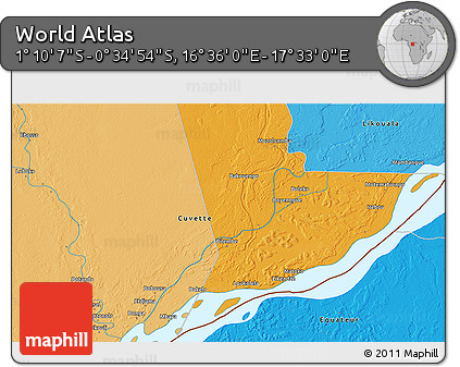 Political 3D Map of the Area around 0° 52' 31" S, 17° 4' 30" E