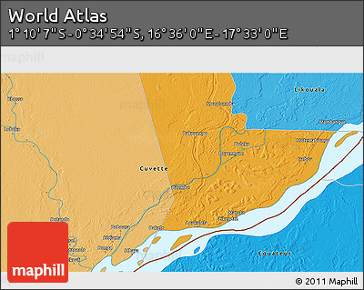 Political 3D Map of the Area around 0° 52' 31" S, 17° 4' 30" E