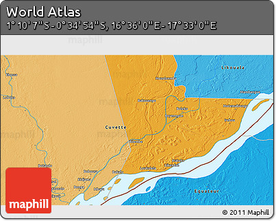 Political 3D Map of the Area around 0° 52' 31" S, 17° 4' 30" E