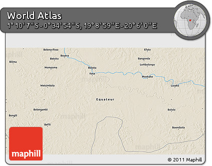Shaded Relief 3D Map of the Area around 0° 52' 31" S, 19° 37' 30" E