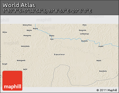 Shaded Relief 3D Map of the Area around 0° 52' 31" S, 19° 37' 30" E