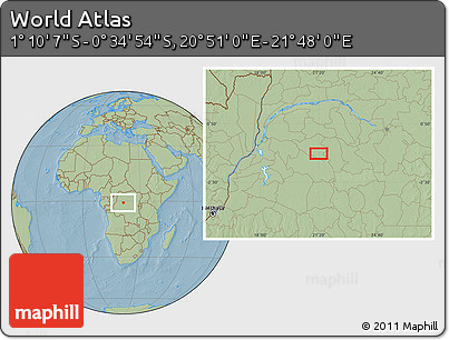 Savanna Style Location Map of the Area around 0° 52' 31" S, 21° 19' 30" E, hill shading