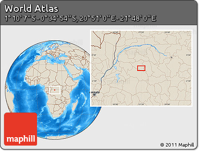 Shaded Relief Location Map of the Area around 0° 52' 31" S, 21° 19' 30" E