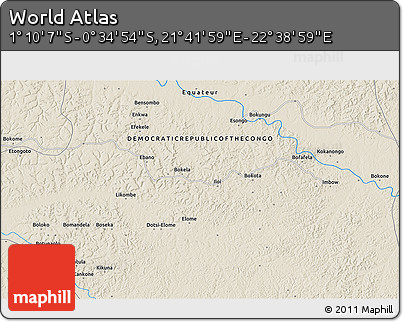 Shaded Relief 3D Map of the Area around 0° 52' 31" S, 22° 10' 29" E