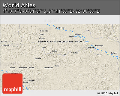 Shaded Relief 3D Map of the Area around 0° 52' 31" S, 22° 10' 29" E