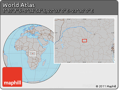 Gray Location Map of the Area around 0° 52' 31" S, 23° 1' 29" E