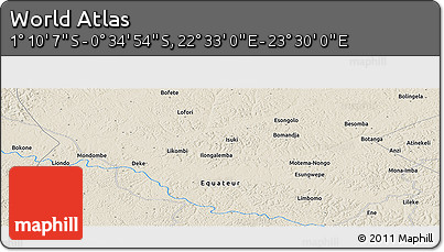 Shaded Relief Panoramic Map of the Area around 0° 52' 31" S, 23° 1' 29" E