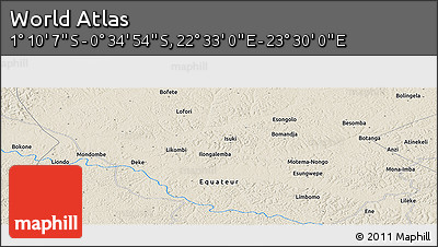 Shaded Relief Panoramic Map of the Area around 0° 52' 31" S, 23° 1' 29" E