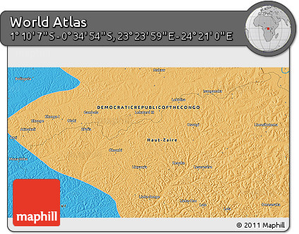 Political 3D Map of the Area around 0° 52' 31" S, 23° 52' 30" E