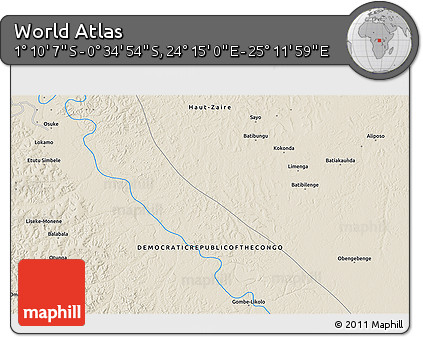 Shaded Relief 3D Map of the Area around 0° 52' 31" S, 24° 43' 30" E