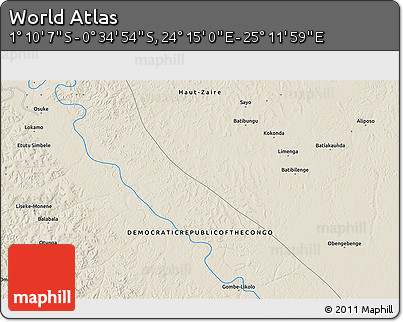 Shaded Relief 3D Map of the Area around 0° 52' 31" S, 24° 43' 30" E