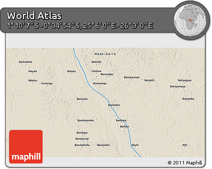 Shaded Relief 3D Map of the Area around 0° 52' 31" S, 25° 34' 30" E