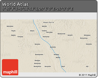 Shaded Relief 3D Map of the Area around 0° 52' 31" S, 25° 34' 30" E