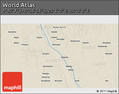 Shaded Relief 3D Map of the Area around 0° 52' 31" S, 25° 34' 30" E
