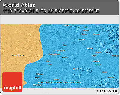 Political 3D Map of the Area around 0° 52' 31" S, 26° 25' 29" E