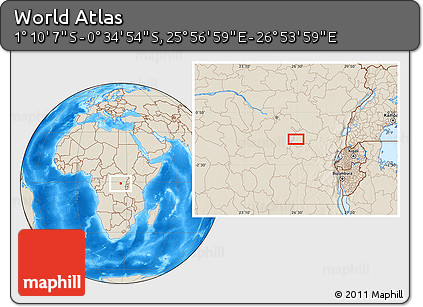 Shaded Relief Location Map of the Area around 0° 52' 31" S, 26° 25' 29" E