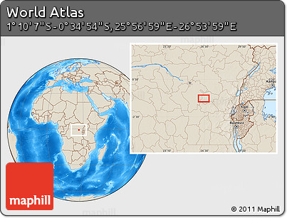 Shaded Relief Location Map of the Area around 0° 52' 31" S, 26° 25' 29" E